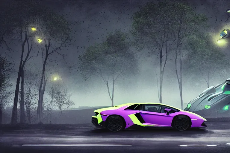 Prompt: a landscape photograph of a lamborghini aventador being chased by an alien spaceship through a vast serene landscape in a dystopian future, neon, river, trees, beautiful lighting, by lee madgwick