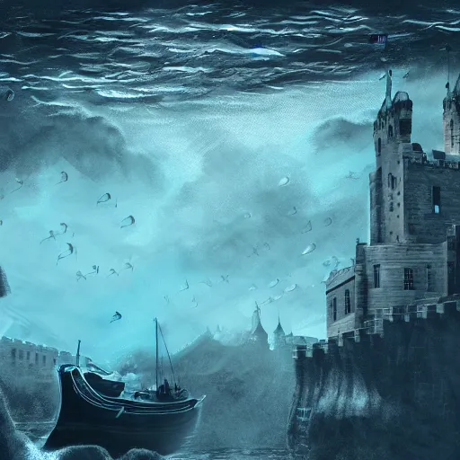 Image similar to underwater edinburgh castle, deep underwater, fish shoal, concept art in style of Greg Rutkowki, dynamic lighting, 4k, very very very highly detailed, very very very realistic
