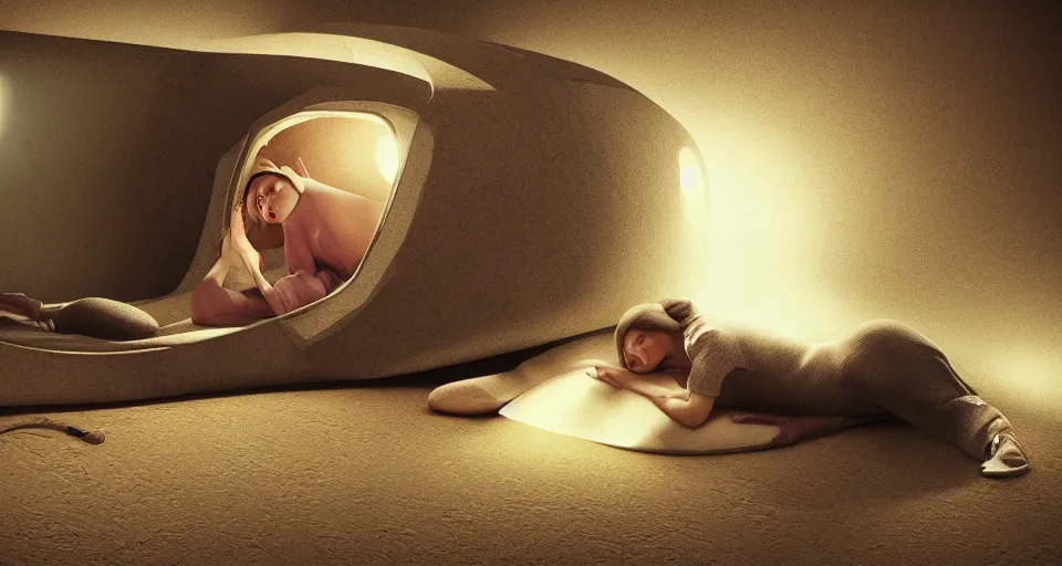 Image similar to a woman sleeping in a hibernation pod by norman rockwell, side view, in the style of blade runner, high tech, photoreal, dramatic lighting, unreal engine 5, octane rendering, ray tracing