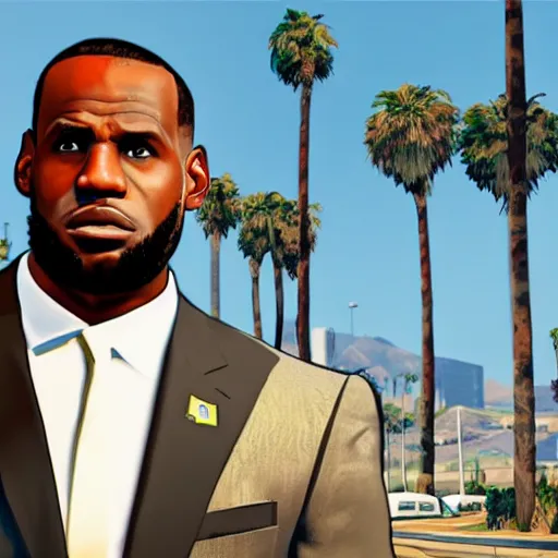 Image similar to Lebron James wearing a suit in GTA V . Los Santos in background, palm trees. in the art style of Stephen Bliss