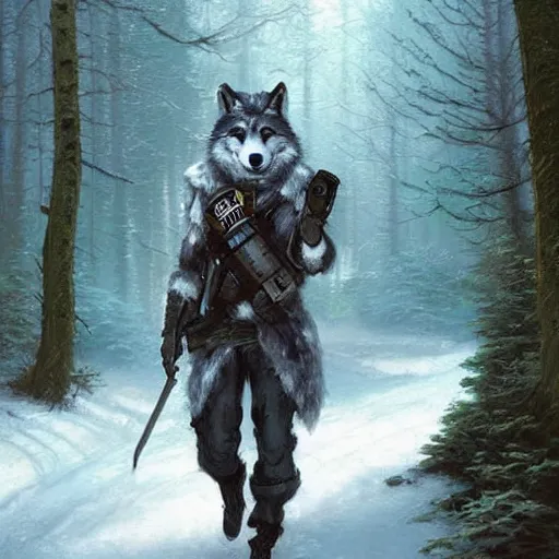 Prompt: furry anthropomorphic wolf police officer with white fur renowned character illustration by greg rutkowski thomas kinkade masterpiece forest in background