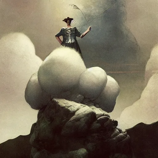 Image similar to Portrait of the Nimbus Cloud King wearing a poofy marshmallow coat whilst standing atop a cloud-covered mountain peak paul klee andrew wyeth edawrd hopper tom bagshaw stanton feng bastien lecouffe-deharme tombow oil painting