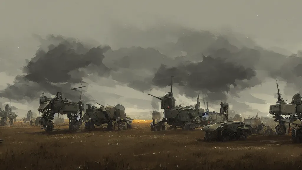 Prompt: panorama view of tents military tents with one mech walker in background, watercolored, jakub rozalski, dark colours, dieselpunk, artstation