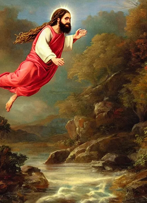 Prompt: jesus jumping on water