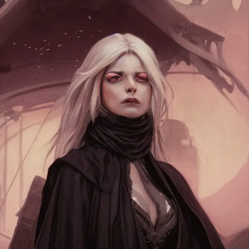 Prompt: dramatic pale rogue in black robes on a ship deck, fantasy, D&D, portrait, piercing stare, highly detailed, digital painting, artstation, concept art, matte, sharp focus, illustration, art by artgerm and greg rutkowski and alphonse mucha