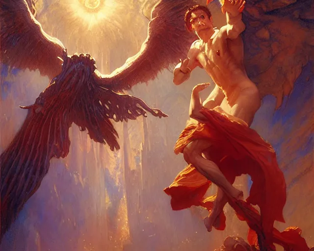 Image similar to attractive male deity, casting demonic magic, summoning handsome lucifer morning star. highly detailed painting by gaston bussiere, craig mullins, j. c. leyendecker 8 k