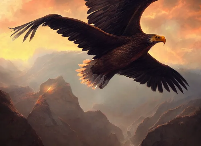 Prompt: majestic eagle made out of light soars over a canyon of darkness, sunset, beautiful, extremely detailed, concept art, artgerm, trending on artstation, powerful imagery, award - winning, fantasy aesthetic,