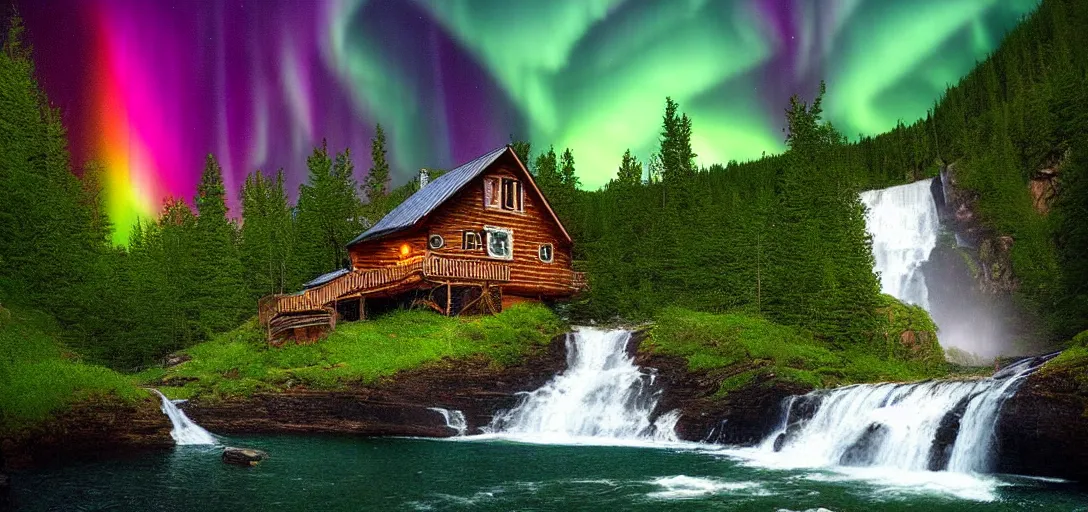 Prompt: a waterfall next to a cozy cabin hanging off a cliff, night, rainbow aurora, classic painting, award winning, highly detailed