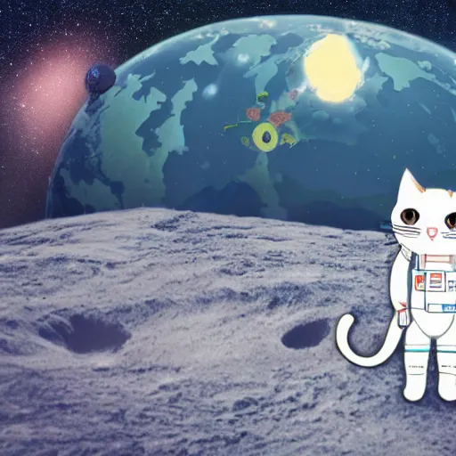 Prompt: light novel illustration cat wearing astronaut suit on the moon planet earth in the background sigma 1 4 mm f / 1. 8 astroied belt