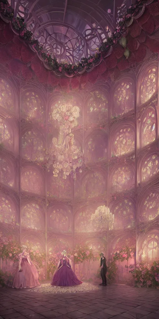 Image similar to the beautiful hyperdetailed physical rendering of a single rose wedding gothic lolita dress clothing design display in exhibition hall, perfectly shaded, atmospheric lighting, in the style of makoto shinkai raphael lacoste louis comfort tiffany stanley artgerm lau wlop rossdraws beeple, surrealistic style, 8 k hd, 3 drender