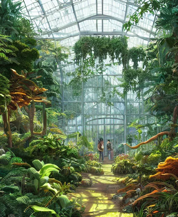 Image similar to an enormous conservatory greenhouse, overgrown with exotic fungus, overgrown with huge ferns, noon, sun drenched, partly cloudy, by dan mumford, yusuke murata, makoto shinkai, ross tran, cinematic, unreal engine, cel shaded, featured on artstation, pixiv