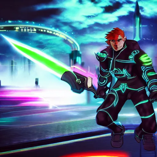 Prompt: Ganondorf in the style of Tron Legacy, wielding a large neon fantasy greatsword, tron legacy city in the background, dark black sky