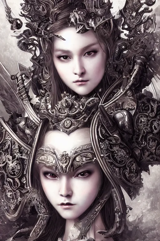 Image similar to A masterpiece ultrarealistic ultradetailed portrait of a divine archangel armored princess knight-witch-ghost with Samurai-Skull Iron mask. baroque renaissance girl in the night forest. medium shot, intricate, elegant, highly detailed. trending on artstation, digital art, by Stanley Artgerm Lau, WLOP, Rossdraws, James Jean, Andrei Riabovitchev, Marc Simonetti, Yoshitaka Amano. background by James Jean and Gustav Klimt, light by Julie Bell, 4k, porcelain skin.