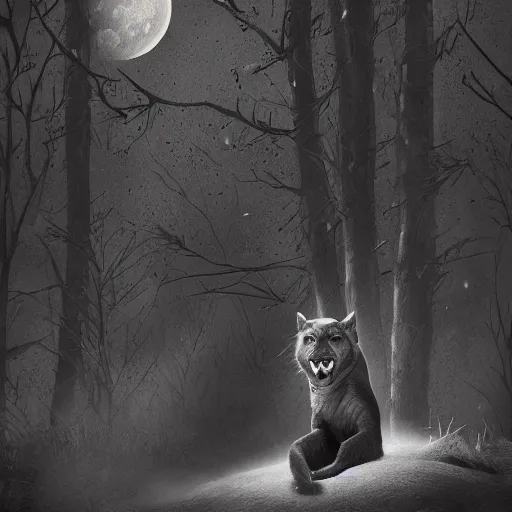 Image similar to a panther roaring at the moon in a forest during the night, large moon in the center. artistic. illustration. trending on artstation. cinematic. photoreal. dark colors. night.