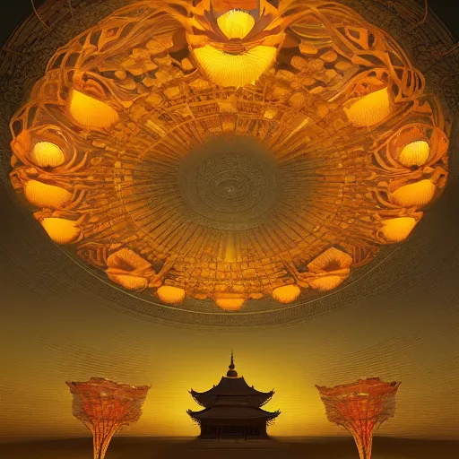 Prompt: concept art, lotus lanterns on the eve of ullambana festival, high resolution, cave temples of dunhuang - style