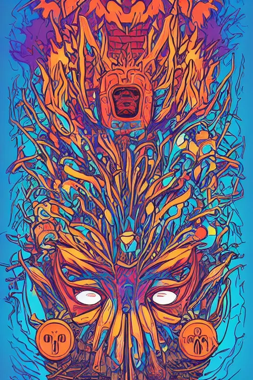 Image similar to animal mask totem roots flower tribal feather gemstone plant wood rock shaman vodoo video game vector cutout illustration vivid multicolor borderlands comics by josan gonzales and dan mumford radiating a glowing aura