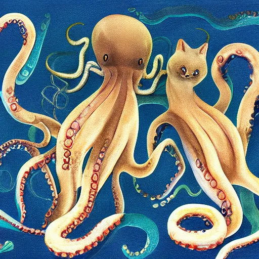 Image similar to octopus and cats fighting for life, digital paintingl