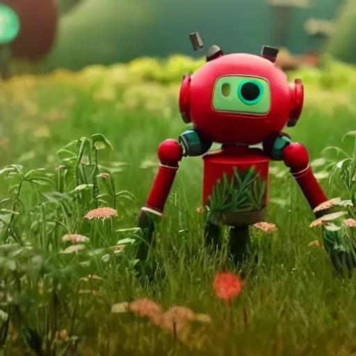 Prompt: photo of a cute robot made of plants wearing tomato hat and a chive sword, made in abyss style