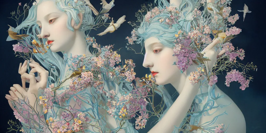 Image similar to breathtaking detailed concept art painting art deco pattern of blonde faces goddesses amalmation light - blue flowers with anxious piercing eyes and blend of flowers and birds, by hsiao - ron cheng and john james audubon, bizarre compositions, exquisite detail, extremely moody lighting, 8 k