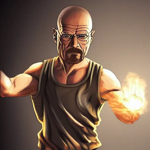 Image similar to buff Walter White walking out of an explosion, accurate anatomy, accurate hands, highly detailed, digital art,