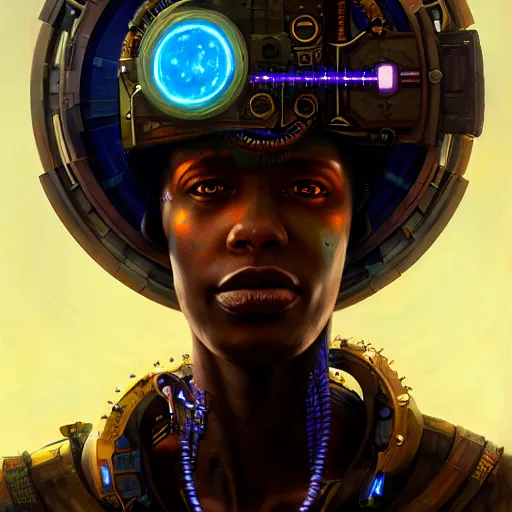 Image similar to a dogon cyberpunk hacker, steampunk stargate by greg rutkowski and android jones in a surreal portrait style, oil on canvas, ancient cyberpunk 8k resolution