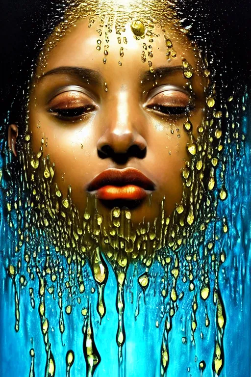 Image similar to hyper realistic precisionist cinematic very expressive! oshun goddess, in water! john everett millais, mirror dripping droplet!, gold flowers, highly detailed face, digital art masterpiece, smooth eric zener cam de leon, dramatic pearlescent turquoise light on one side, low angle uhd 8 k, shallow depth of field