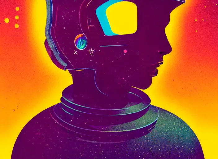Image similar to portrait of a young astronaut girl, colorful,modern art deco, Mads Berg, Karolis Strautniekas, stippled light, fine texture, editorial illustration, dramatic lighting, dynamic composition, detailed, matte print, dynamic perspective