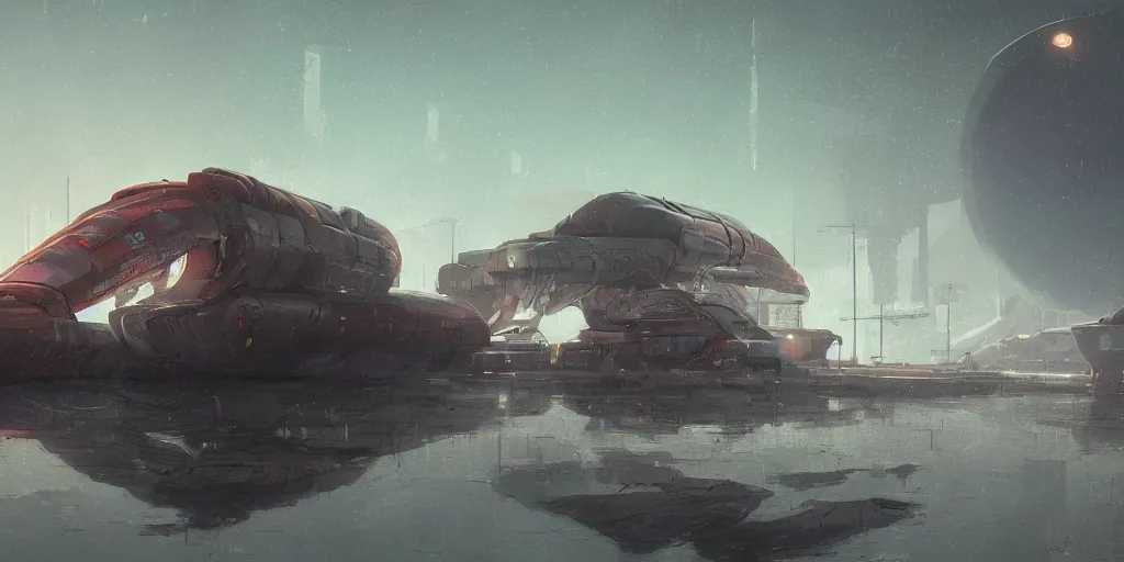 Image similar to scifi soviet cargo spaceship in heavy armor, forbidden west, liminal space around, puddles of water, by simon stalenhag, by ian pesty and alena aenami and makoto shinkai, concept art, matte painting, washed colors,