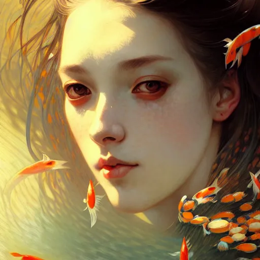 Image similar to Portrait of a girl surrounded by Koi fish, face, fantasy, intricate, elegant, highly detailed, digital painting, artstation, concept art, smooth, sharp focus, illustration, art by Krenz Cushart and Artem Demura and alphonse mucha