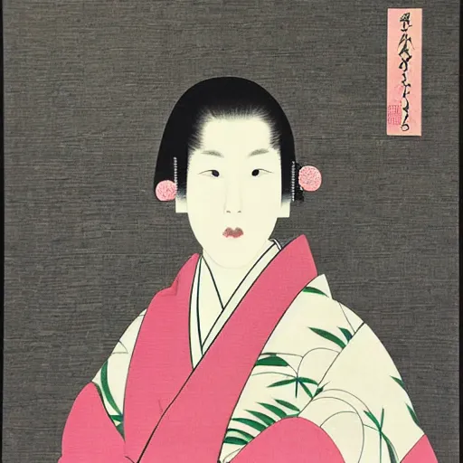 Prompt: parisian print of a japanese girl in a kimono by kurokawa kengoro, 1 9 7 8, trend