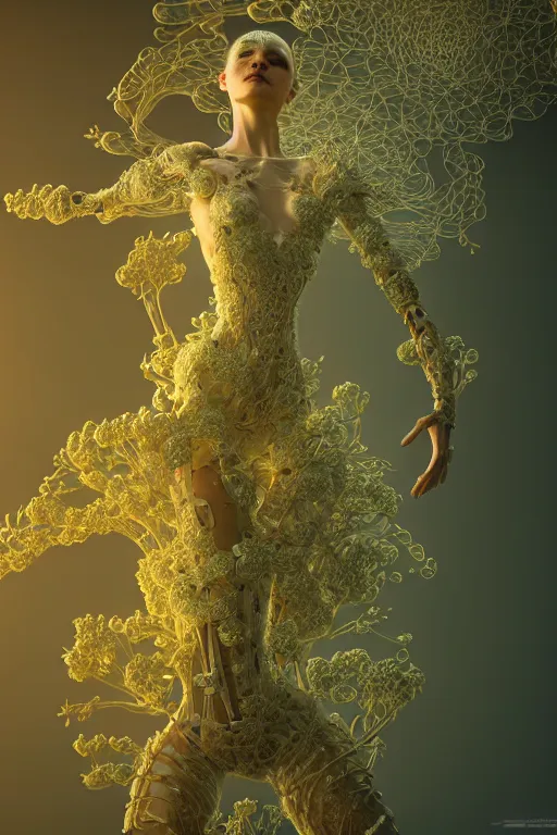 Image similar to intricate hyper detailed ultra sharp 3 d render, unity of mood, biomechanical cyborg ladies dancing, atmospheric, foliage, white large pore fungi, cyberpunk art nouveau, haute couture alexander mcqueen leaves stems dahlia blooming transparent fractal filigree roots, intricate details, octane render, volumetric cinematic lighting, natural beautiful light, yellow infrared, lumiol, 8 k,