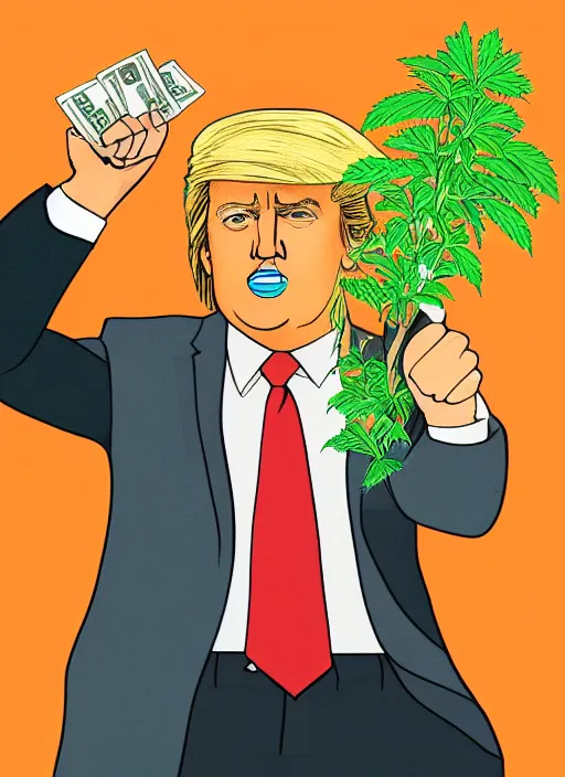 Image similar to digital portrait of a enthusiastic person looking like donald trump cultivating weed, holding pack of dollars in right hand, illustration realistic