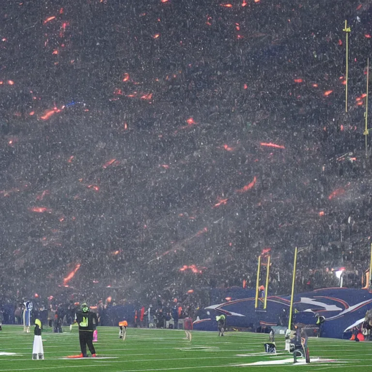 Image similar to Gillette Stadium being destroyed by a nuclear blast as a distraught coach Belichick looks on