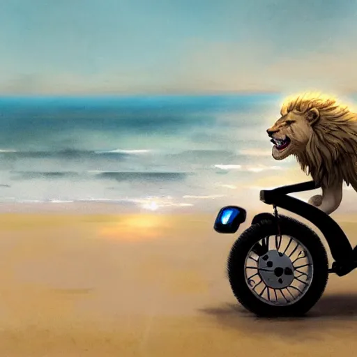 Image similar to commission of a male anthropomorphic albino lion driving a scooter on a beach,digital art,art by greg rutkowski,trevor henderson,ross tran,photorealistic,hyperdetailes,highly realistic,natural lighting,deviantart,artstation,dramatic,cinematic,4k,western comic style