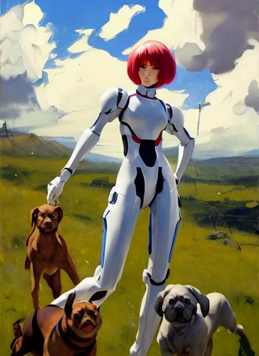 Image similar to Greg Manchess painting of Rei Ayanami in Plugsuit out with the dogs, EVA unit-00 in the back, countryside, fantasy character portrait, dynamic pose, above view, sunny day, thunder clouds in the sky, artwork by Jeremy Lipkin and Giuseppe Dangelico Pino and Michael Garmash and Rob Rey, very coherent asymmetrical artwork, sharp edges, perfect face, simple form, wacky, 100mm