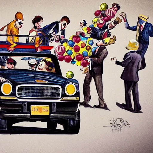 Prompt: a los of FBI agents getting out of a clown car, photorealistic, ultra high detail,