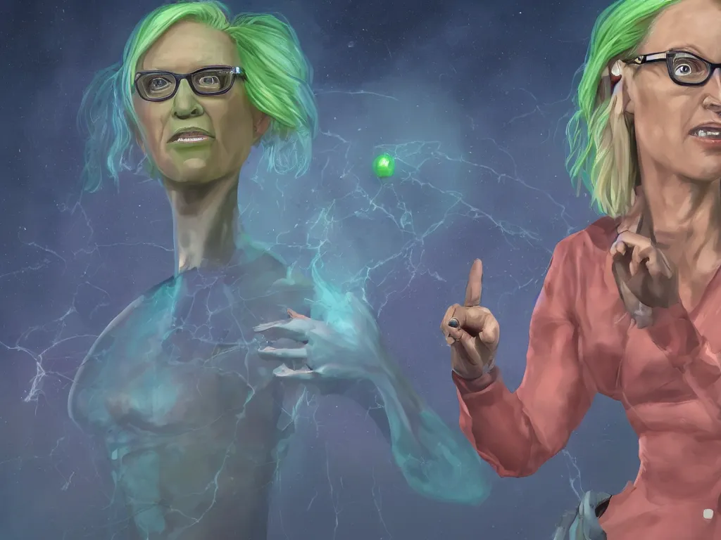 Prompt: Kyrsten Sinema as a lizard person receiving her signals from the home planet, artstation