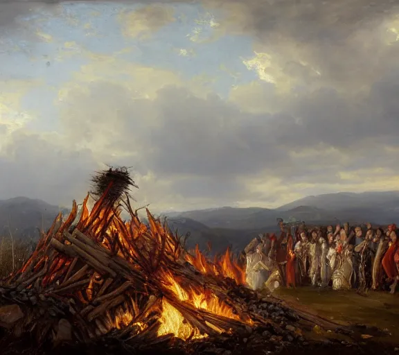 Prompt: landscape portrait of a funeral pyre by william sidney mount, trending on artstation