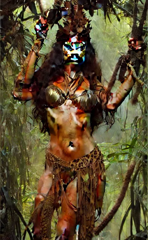 Image similar to tia carrere as jungle queen, gorgeous lighting by weta studio, mucha, bautista and norman rockwell and greg rutkowski and tom bagshaw and james gurney and lucasfilm