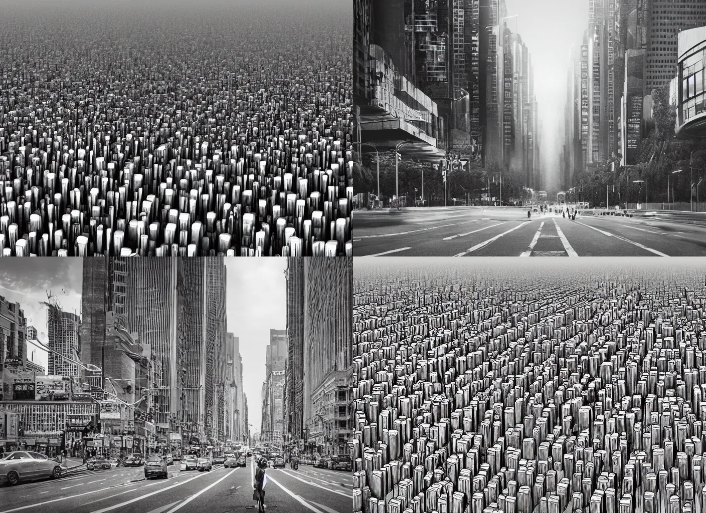 Prompt: surreal mega city from the point of view of a pedestrian