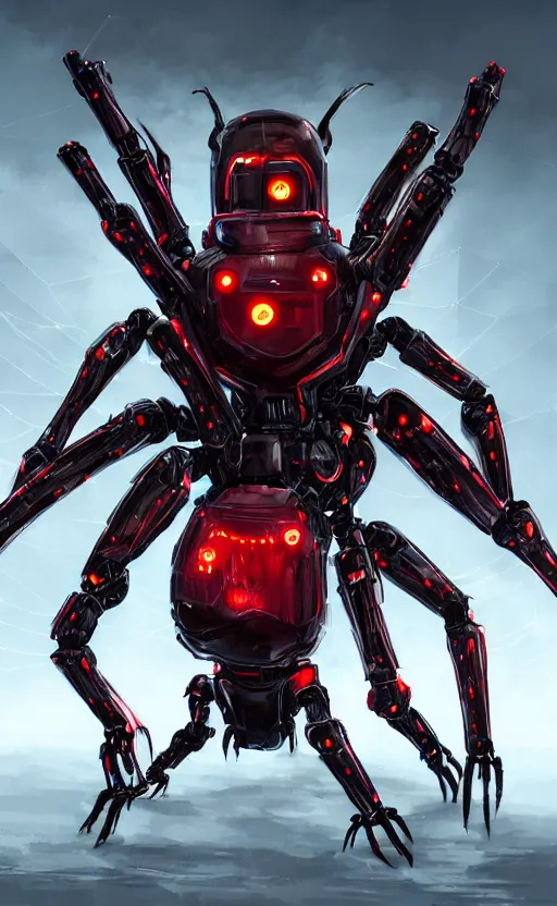 Image similar to a robot humanoid spider in a city, with 4 arms with claws, glowing red eyes, in a black carbon and red fiber armor, smiling creepily, dynamic lighting, photorealistic fantasy concept art, trending on art station, stunning visuals, creative, cinematic, ultra detailed