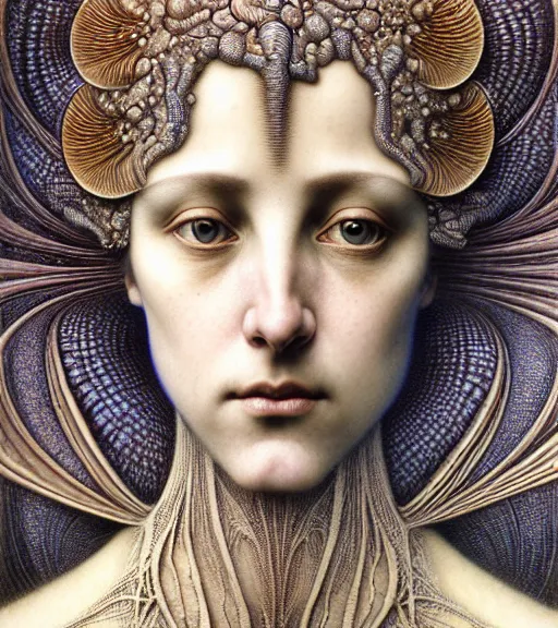 Image similar to detailed realistic beautiful salome face portrait by jean delville, gustave dore, iris van herpen and marco mazzoni, art forms of nature by ernst haeckel, art nouveau, symbolist, visionary, gothic, neo - gothic, pre - raphaelite, fractal lace, intricate alien botanicals, ai biodiversity, surreality, hyperdetailed ultrasharp octane render