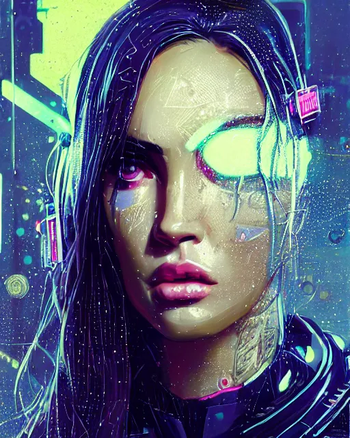 Image similar to detailed portrait Megan Fox Neon Operator Girl, cyberpunk futuristic neon, reflective puffy coat, decorated with traditional Japanese ornaments by Ismail inceoglu dragan bibin hans thoma greg rutkowski Alexandros Pyromallis Nekro Rene Maritte Illustrated, Perfect face, fine details, realistic shaded, fine-face, pretty face