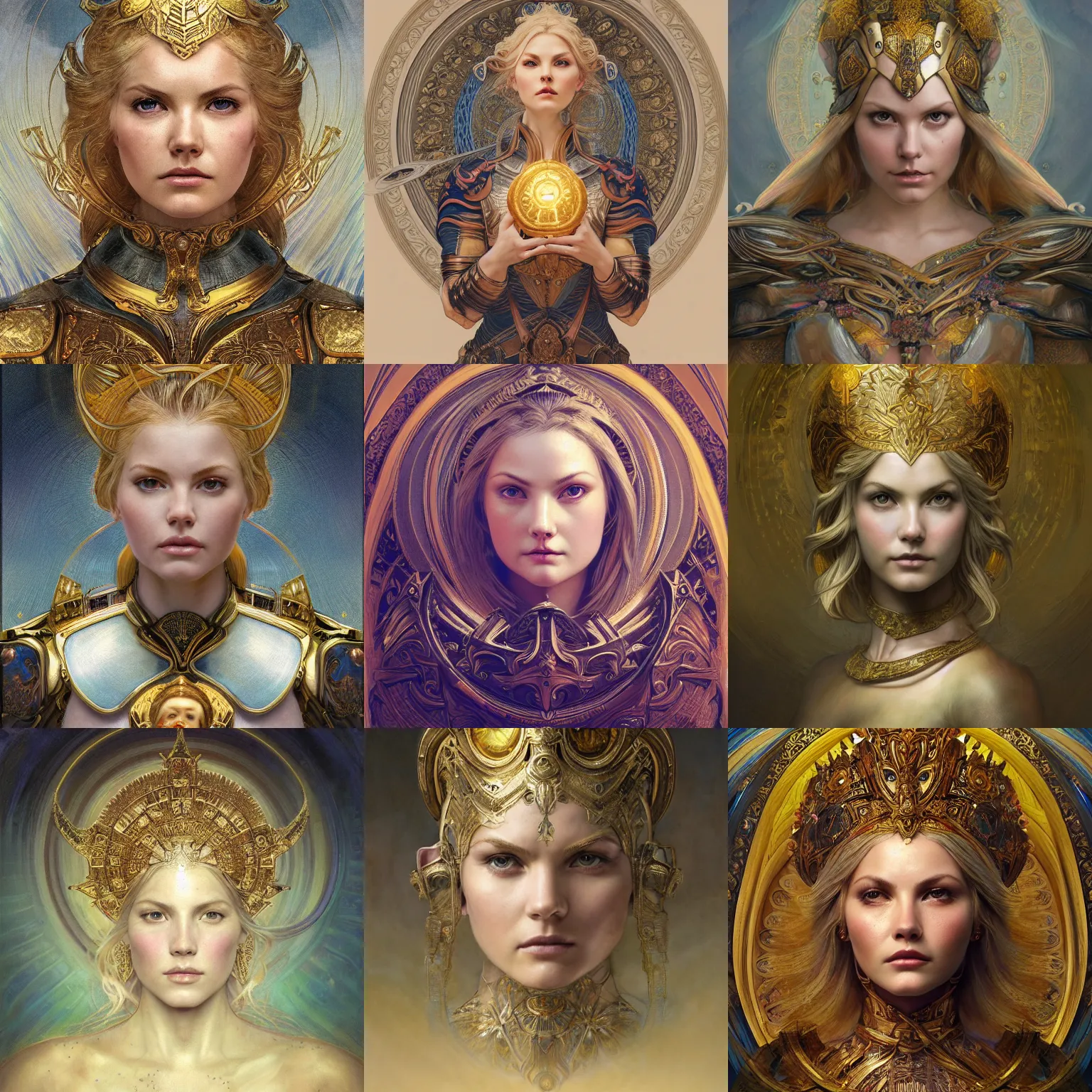 Prompt: masterpiece head-on symmetrical centered portrait, Elisha Cuthbert as a paladin, blonde hair, prismatic golden halo around her head, ornate iron armour, elegant, distant, in the style of Edgar Maxence and Ross Tran and Zdzisław Beksiński and Michael Whelan and Mucha and Gustave Doré, specular highlights, 8k, octane render