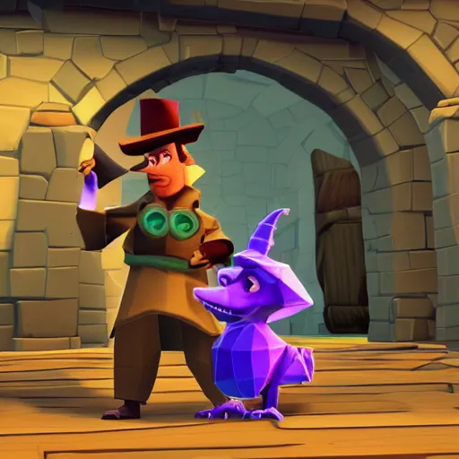 Image similar to screenshot of a humanoid inspector badger with a brown trenchcoat as an npc in spyro the dragon video game, with low poly playstation 1 graphics, upscaled to high resolution