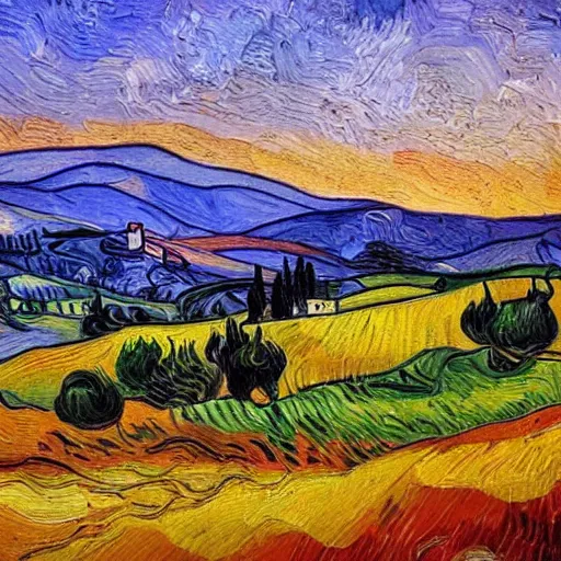 Prompt: tuscany hills during sunset, oil painting in style of van gogh