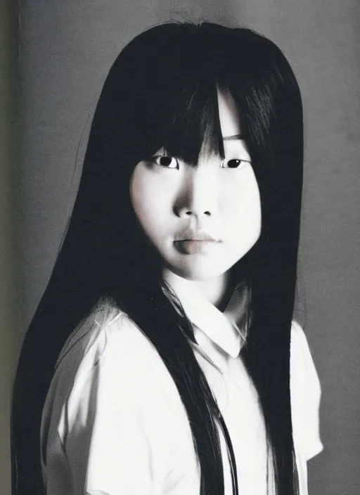 Prompt: high school year book photo of sadako from the japanese movie ringu as an awkward teenager with incredibly long hair, film shot, portrait photography, soft lighting, soft focus, 1 9 9 0's, 2 4 mm iso 8 0 0 color