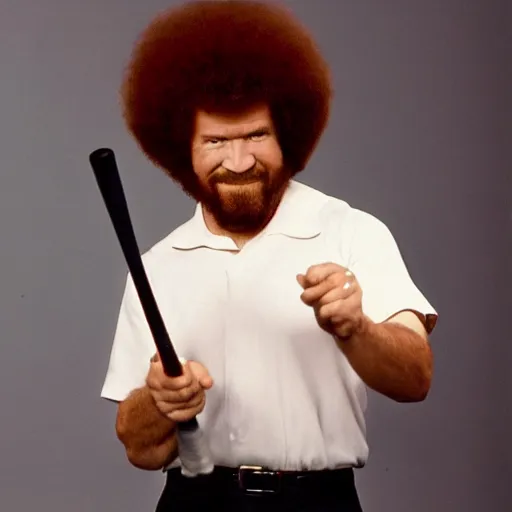 Prompt: bob ross smashing his canvas with a baseball bat, tv show, photography, destructive,