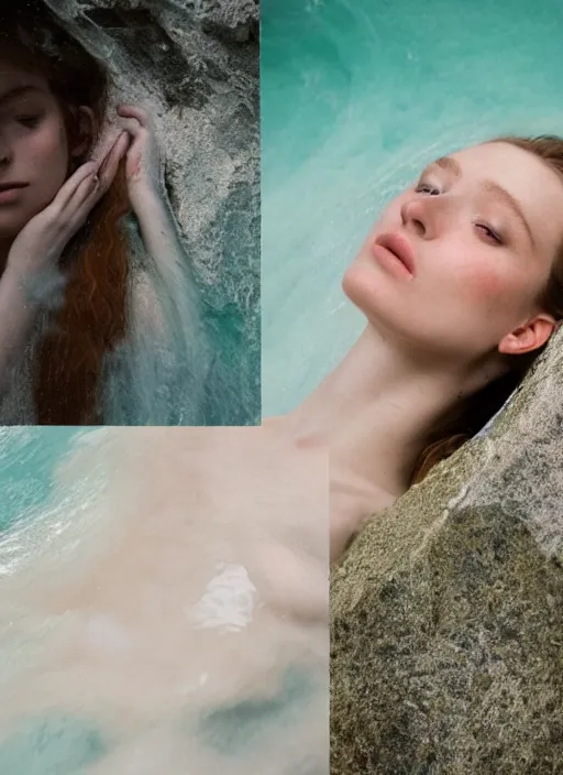 Image similar to Kodak Portra 400, 8K, soft light, volumetric lighting, highly detailed, britt marling style 3/4 ,portrait photo Close-up portrait photography of a beautiful woman how pre-Raphaelites, the face emerges from Pamukkale, thermal waters flowing down white travertine terraces, inspired by Ophelia paint ,and hair are intricate with highly detailed realistic beautiful flowers , Realistic, Refined, Highly Detailed, interstellar outdoor soft pastel lighting colors scheme, outdoor fine art photography, Hyper realistic, photo realistic