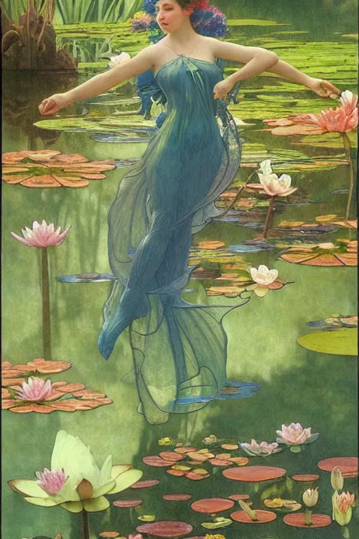 Image similar to a beautiful dressed faerie in a waterlily pond, detailed, rainbowshift, by maxfield parrish, alphonse mucha, brian froud